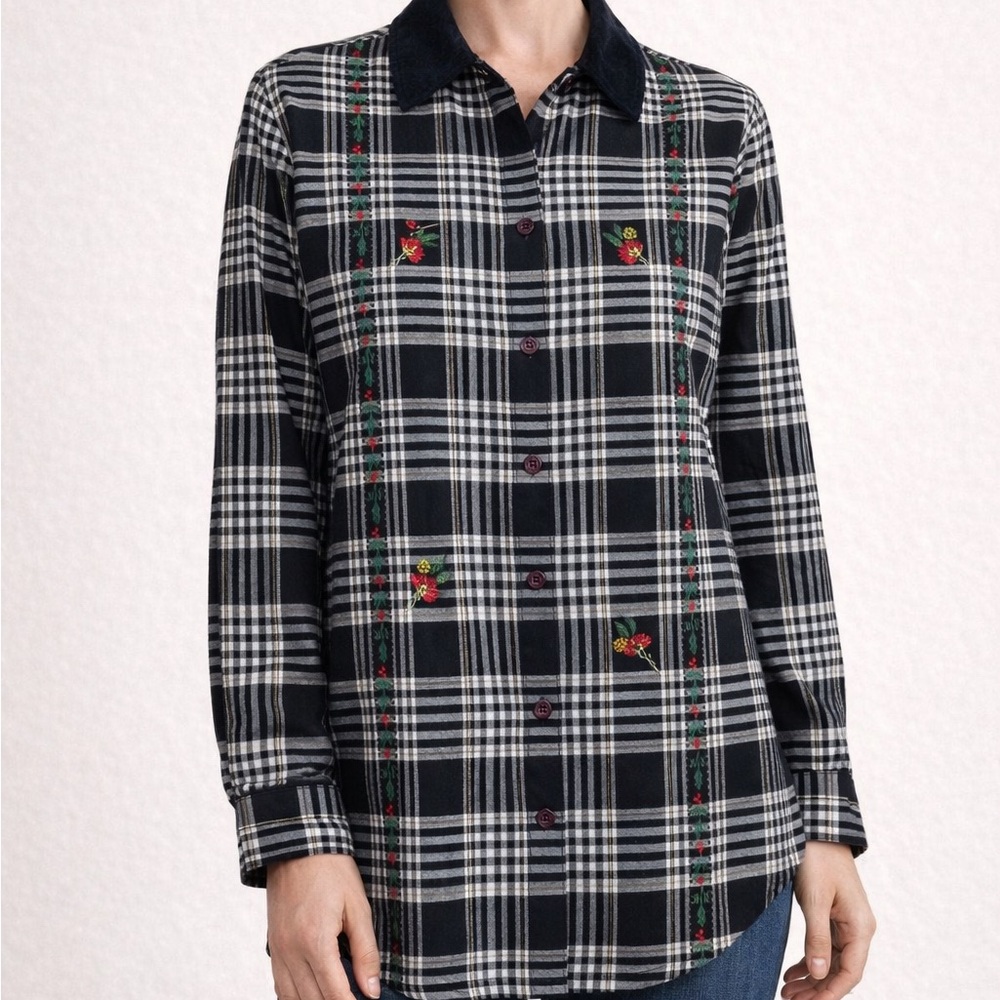 Basic Editions Holiday‎ Plaid Button Down Shirt Embroidered Floral velvet collar